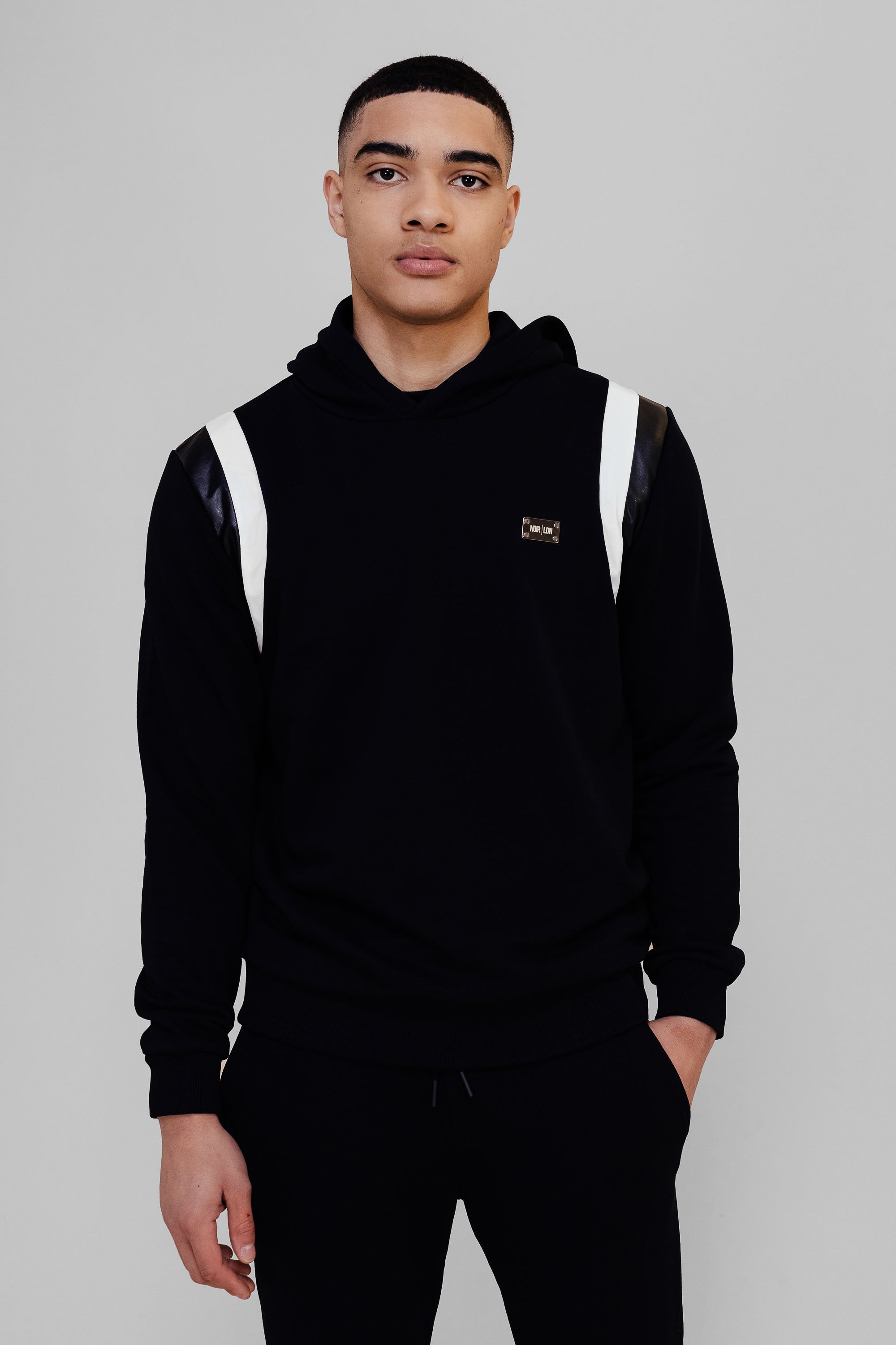 BLACK/LEATHER PANEL HOODIE