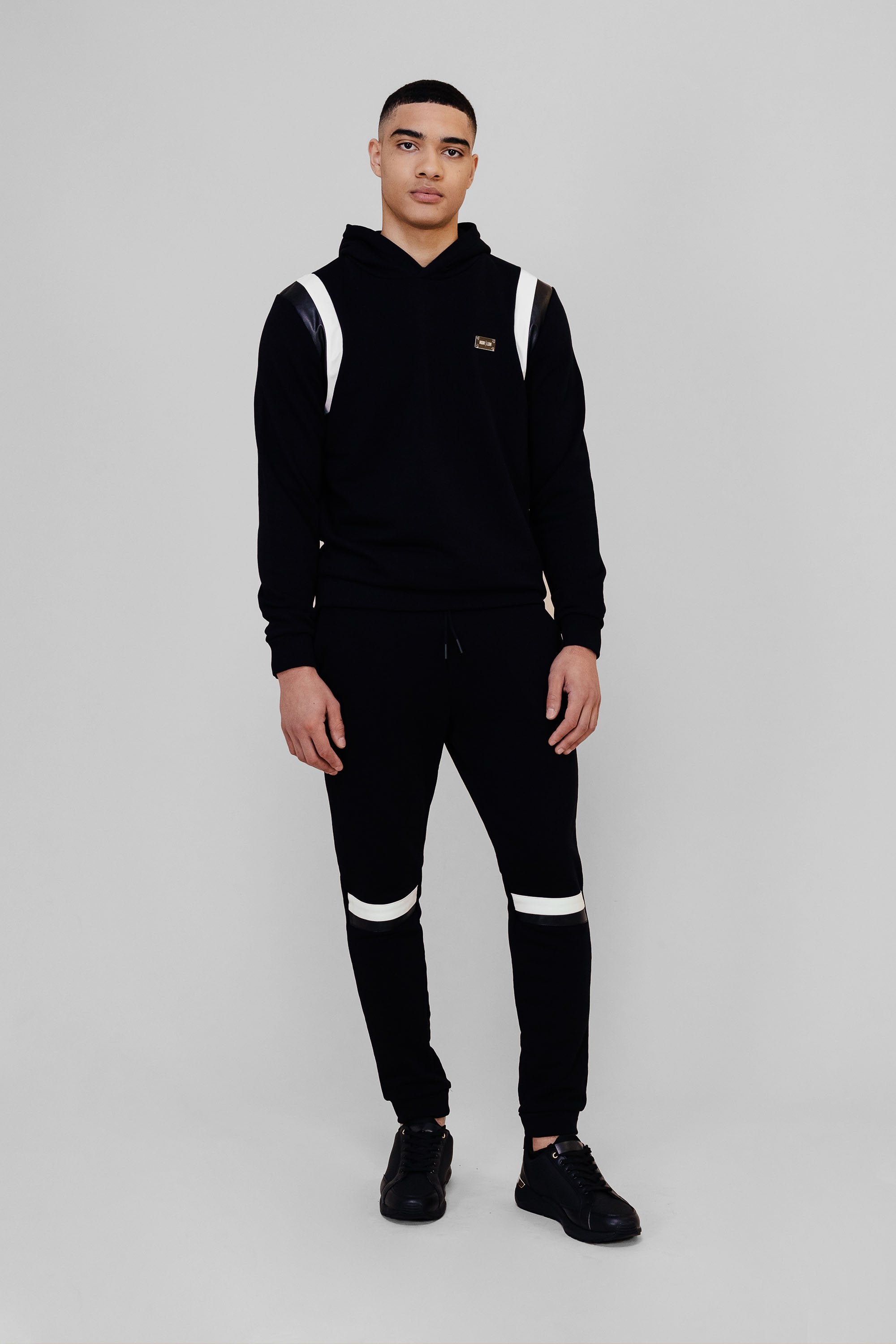 BLACK/LEATHER PANEL HOODIE