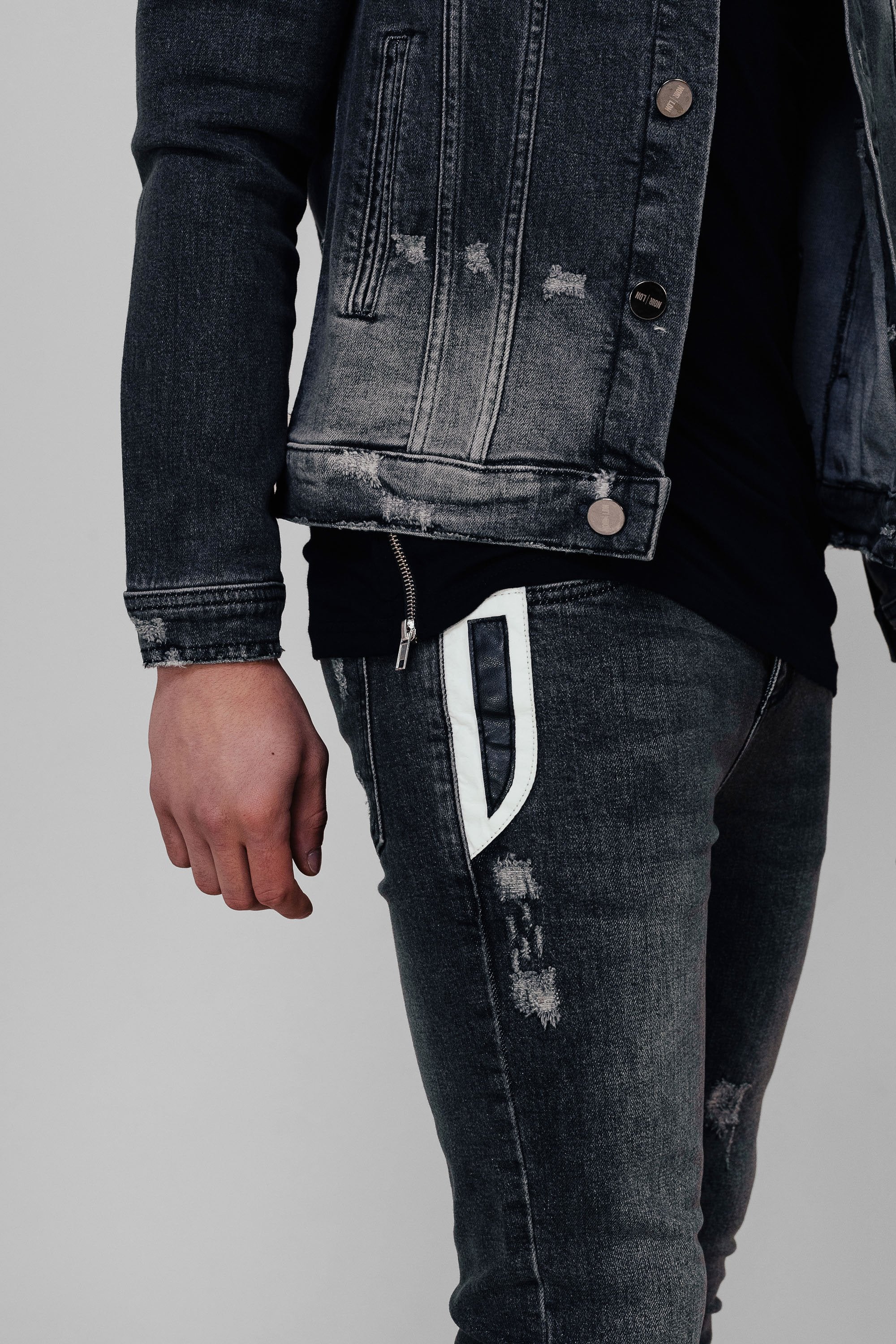 DENIM LEATHER PANEL JEANS